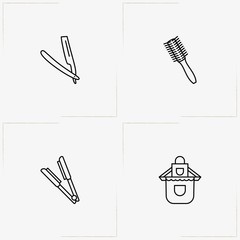Barbershop line icon set with barber razor, comb and hair iron