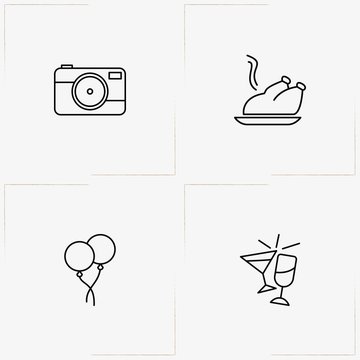 Birthday line icon set with ballons, photo camera and stemware