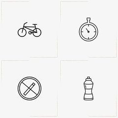 Fitness line icon set with bicycle, sport water flask and no smoking