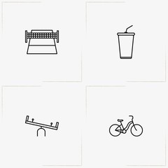 City Park line icon set with juice cup, swing and bicycle