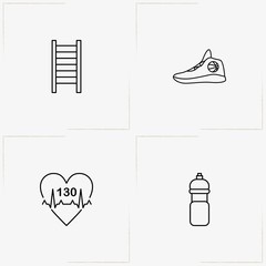 Fitness line icon set with heartbeat, sneakers and swedish ladder