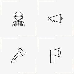 Firefighter line icon set with loudspeaker, firefighter and hatchet