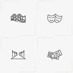 Cinema line icon set with mask , cinema tickets  and video camera