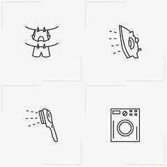 Cleaning line icon set with clothes hanging rope , cleaning brush  and flatiron