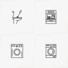 Cleaning line icon set with toilet brush , washing machine  and dishwasher