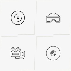 Cinema line icon set with compact disk, video camera and cinema spectacles