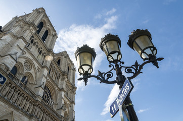 Fototapeta na wymiar Low angle view of Notre-Dame de Paris and streetlamps with toilets direction signs