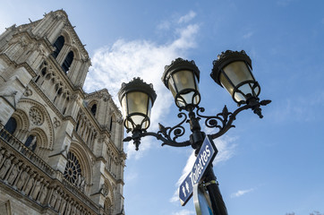 Fototapeta na wymiar Streetlights by the Notre Dame Cathedral against the sky in Paris, France