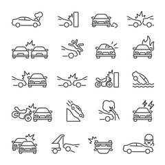 Car Accident related icons: thin vector icon set, black and white kit