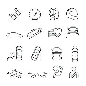 Car safety related icons: thin vector icon set, black and white kit