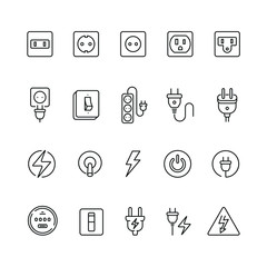 Electrical outlets and switches: thin vector icon set, black and white kit