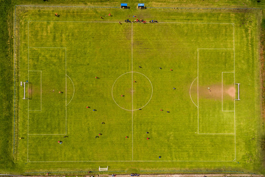 Aerial view of football soccer field as 2 welsh teams play a home match