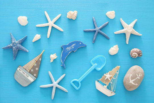 nautical, vacation and travel image with sea life style objects. Top view.