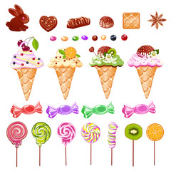 A set of sweets from ice cream, candy and chocolate. Cheerful vector illustration