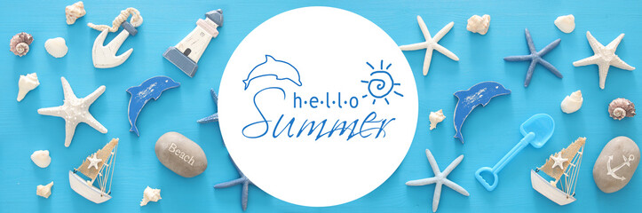 nautical, vacation and travel banner with sea life style objects. Top view.