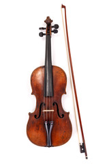 Fototapeta na wymiar Old violin with bow on white background