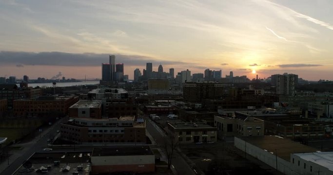 Detroit Cityscape Sunset Wide Shot