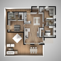 Apartment flat top view, furniture and decors, plan, cross section interior design, architect designer concept idea