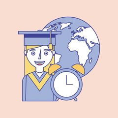 graduate girl world clock time learning education vector illustration