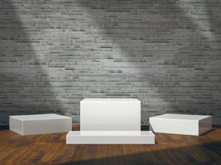 Pedestal for display,Platform for design,Blank product stand with empty room.3D rendering.
