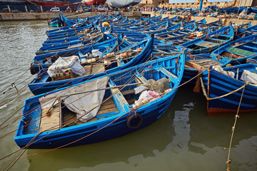 Moroccan blue fishing boats in a row in the port of Essaouira