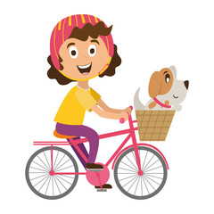 girl on a bicycle with a dog