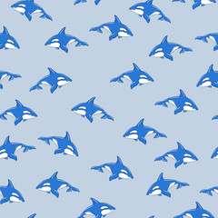 Seamless pattern with blue dolphins on grey background. Hand drawn vector illustration.