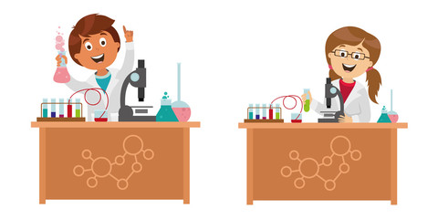 children's characters. school research in chemistry. smart children. vector