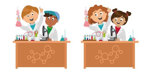 children's characters. school research in chemistry. smart children. vector