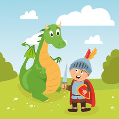 children's character. the brave knight and dragon vector