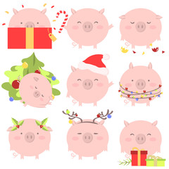 Set of 9 chinese symbol of the 2019 year pig with different emotions. Vector isolated illustration 