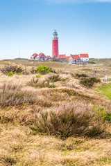 Panorama with red lighthouse at  wadden island Texel in the Netherlands taken form the sand dunes of teh village Cocksdorp.