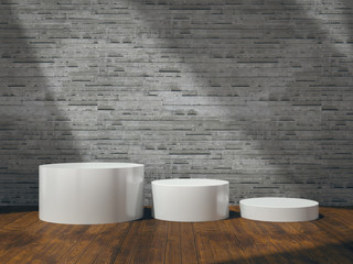 Pedestal for display,Platform for design,Blank product stand with empty room.3D rendering.
