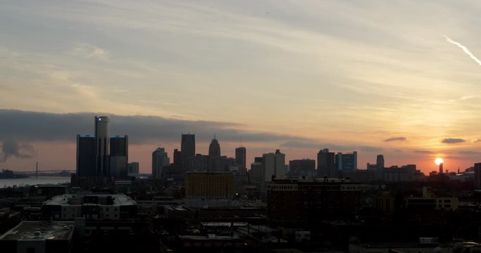 Detroit Cityscape Sunset Silhouette Medium Shot