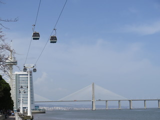 Bridge and cable car in Lisbon ,Portugal