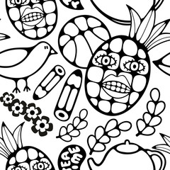 Black and white seamless illustration for coloring book.