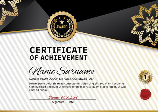 Official certificate of appreciation award template with black and golden shapes and badge