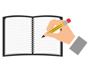 study notebook open with hand y pencil isolated icon vector illustration design