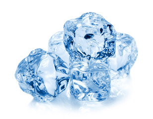 heap of blue ice cubes isolated on white background