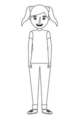 happy girl standing character with ponytails vector illustration thin line