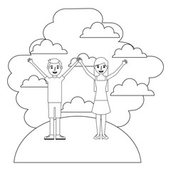 happy couple together arms up celebration vector illustration thin line