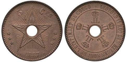 Belgian Congo coin five centimes 1887, star with dots and rays, smaller stars at sides, center...