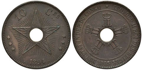 Belgian Congo coin ten centimes 1894, star with dots and rays, smaller stars at sides, center hole,...
