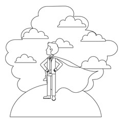 hero man using cape standing in landscape clouds sky vector illustration thin line