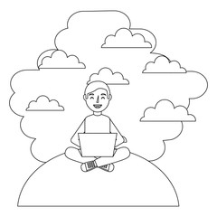 young man sitting using laptop clouds background vector illustration thin line
