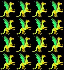 Seamless pattern with a drawing Digital dragons on a black background