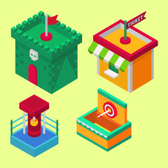 Circus isometric show entertainment tent marquee outdoor festival with stripes and flags carnival signs