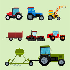 Agriculture industrial farm equipment machinery tractors combines and excavators vector illustration.