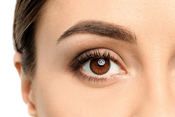 Young woman, closeup of eye. Visiting ophthalmologist