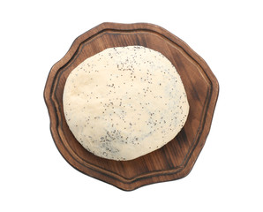 Wooden board and raw dough with poppy seeds on white background, top view